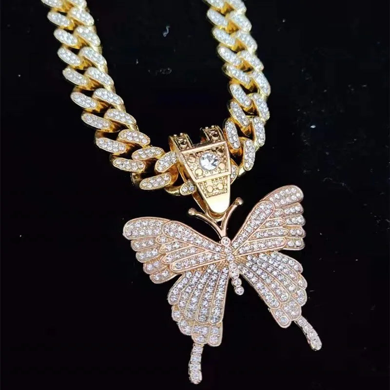 Men Women Hip Hop Iced Out Bling butterfly