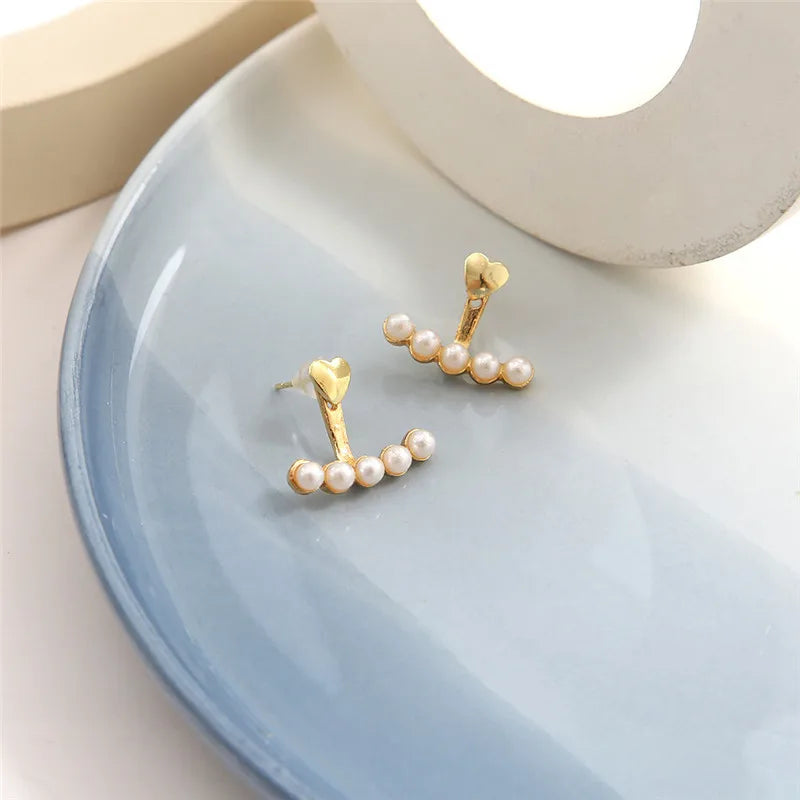 Elegant Gold Color Heart Pearl Stud